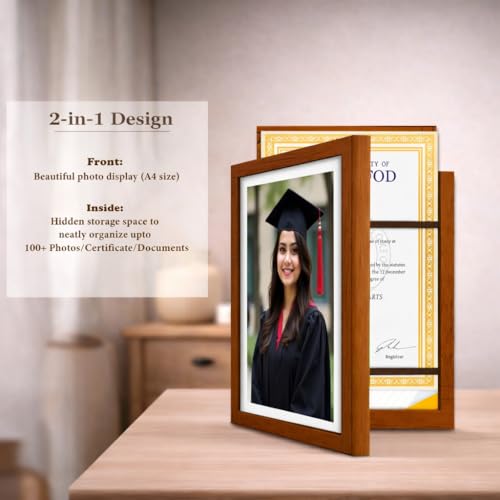 Image of Wooden Document Photo Frame with Storage, Certificate Holder Frame for Wall Mount & Tabletop | Memory Frame for Birth Certificate, Awards & Photos | Premium Finish ( Brown, Size 9.2X12.6 Inch )
