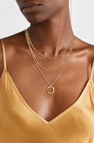 Layered Choker Necklaces, 14k Gold Plated/Sterling Silver Stackable Circle Pendant Chain Necklace Set2
