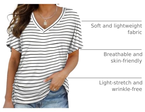 Image of WIHOLL Womens Summer T-Shirts Short Sleeve V Neck Dolman Tops with Side Shirring Loose Fit Shirts Spring Fashion