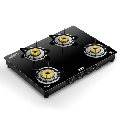 Image of Crompton FlameStar Max 4 Burner Glass Top LPG Gas Stove | 1 Jumbo & 3 Medium Brass Burner | Max Space | Easy Cleaning | Toughened Glass| Tri Pin Brass Burners |2 Year Manufacturer's Warranty