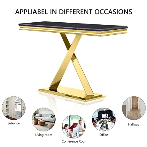 Acedécor Console Table, Sofa Table With 50" Rectangle Top And X-Shape Metal Base For Living Room, Hallway, Entrance, In Black Gold #TOP3