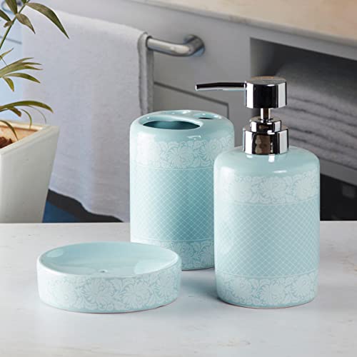 Image of SaSaSa Ceramic Bathroom Set of 3 Modern Bath Accessories Kit with Soap Dispenser, Toothbrush Holder & Dish - Stylish & Elegant Bathroom Decor, Blue (5764)