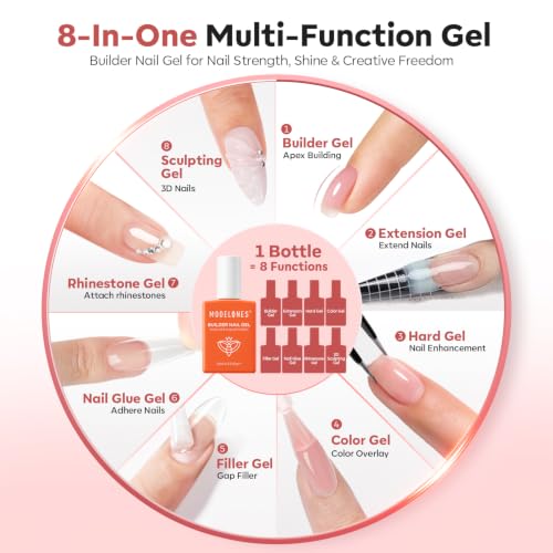 Image of modelones Builder Nail Gel, Rose Pink Builder for Nails, Translucent Netural Pink Color Rubber Base Gel Polish for Apex Building, Short Extension, Natural Overlay, Self-Leveling Beginner U V /LED Cured