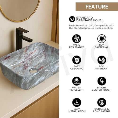 Image of Artiva Ceramic Wash Basin /Tabletop Washbasin For Bathroom,12 inchx16 inch /Small Countetop Bathroom Basin /Table Top Basin For Home,Office,Hotel /Rectangle Glossy Sink (Oligrey-Marble,12x16 Inch)