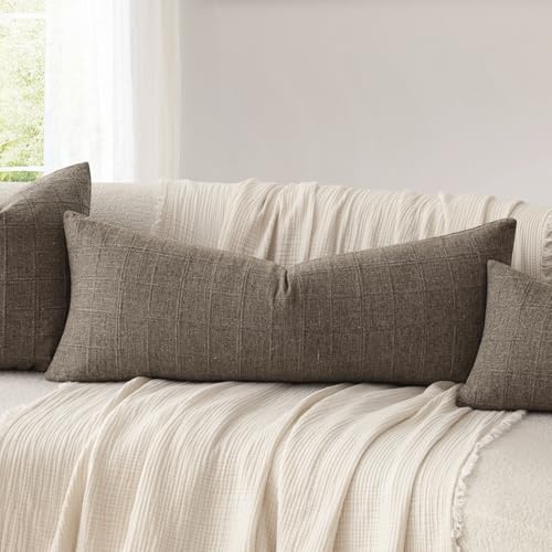 Image of Foindtower Set of 1 Decorative Linen Check Throw Pillow Cover Neutral Farmhouse Lumbar Cushion Cover Soild Modern Boho Home Decor for Sofa Chair Couch Bedroom Living Room,14x36 Inch,Taupe Grey