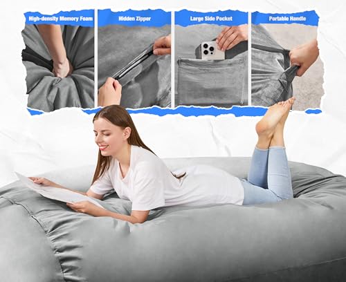Image of Hobestluk 5FT Bean Bag Chair Large Beanbag Lounger with Removable Cover Adult Bean Bag Chair with Portable Handle Desgin for Living Room Bedroom (Grey, 5FT)