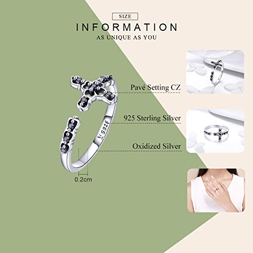 Bague croix argent 925 ajustable avec zircon noir pour vos soirées
