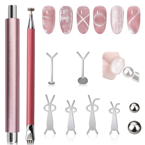 Plman Double-Head Cat Eye Nail Magnet Set, Nail Magnet Tool with Cat Eye Nail Magnet Beads and Nail Magnet Guides, Double-Side Flower Design Nail Magnetic Pen, Cat Eye Magnet for Nail Art DIY (Pink)
