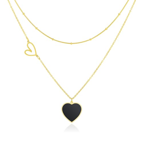 Linawe Chaîne noire pour femme, collier pendentif en forme de cœur, pendentif en chaîne en or, chaîne dorée avec cœur, collier en acier inoxydable,...