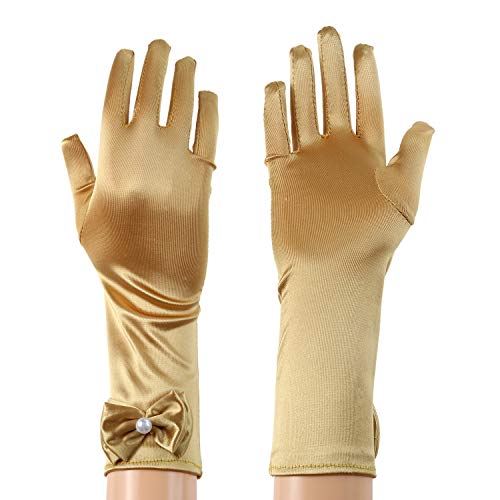 Kids Stretchy Satin Long Finger Dress Bowknot Gloves, 11.4 Inch (Gold)