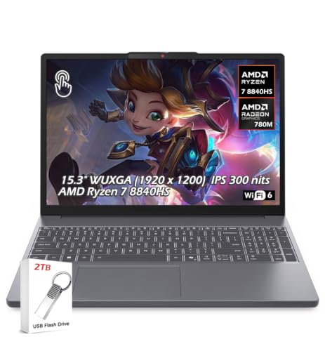 Image of Lenovo IdeaPad Slim 3 15.3 inch WUXGA Touchscreen Laptop - AMD Ryzen 7 8840HS, 16GB DDR5 RAM, 2TB SSD, AMD Radeon 780M, Bluetooth, Wi-Fi6, Webcam, Windows 11, Luna Grey, w /2TB USB Drive, W /GaLiMu