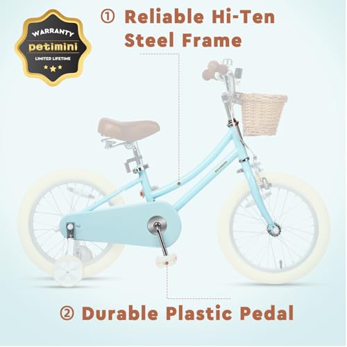 Image of Petimini Girls Bike with Basket for 2-12 Years Old Kids, 12 14 16 18 20 Inch Bicycle with Bell Training Wheels Basket, Multiple Colors