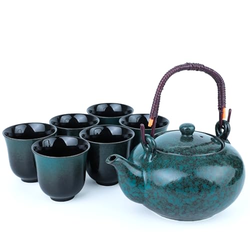 Recopilación de Juegos de té comprados en linea. 42 Juego de té japonés PUNNIO, 1 tetera de cerámica azul Fambe con mango de nailon y acero, 6 tazas de té, 1.2L