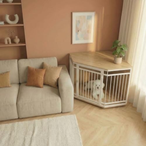 VOWNER Ecke Hundekäfig, Holz Hundebox mit abschließbarer Tür, Möbelstil Haustierbox für Zuhause, Leicht zu reinigen und platzsparende für kleine/mittlere Hunde, 110 X 66 X 60 cm, Weiß