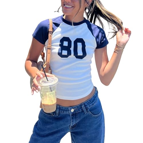 Women Short Sleeve Jersey Crop Tops Vintage 90s Y2k Baby Tees Crewneck Number Graphic Slim Fit T-Shirts