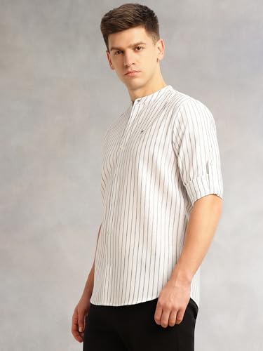Image of Thomas Scott Men's Slim Fit Cotton Linen Casual Shirt with Mandarin Collar | Vertical Stripes | Three-Quarter Roll-Up Sleeves