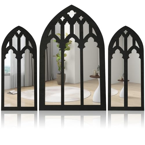 Foribyw 3Pcs Gothic Arched Window Wall Mirror Set, Self-Adhesive Wall Cathedral Arched Mirror Decor, Style Rustic Arched Wall Mirror for Living Room Bedroom Bathroom Vanity Entryway