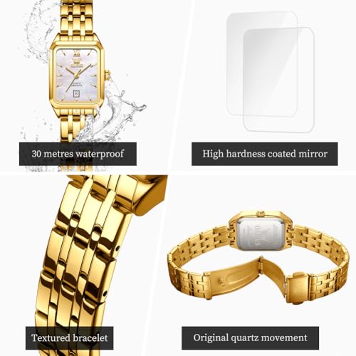 Image of OLEVS Watches for Women Gold Dress Analog Quartz Square Female Watch Stainless Steel Waterproof Calender Stylish Watch for Ladies