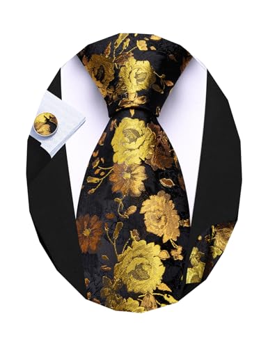 Image of Barry.Wang Flower Ties for Men Handkerchief Cufflinks Set Wedding Necktie Set Party