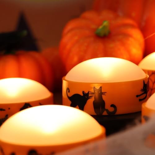 Image of CANDLE CHOICE Halloween LED Pumpkin Lights with Remote Timer Bright Flickering Battery Operated Jack-O-Lantern Electric Flameless Candles with Decals Halloween Decorations Holiday Decor 4 Pack Orange