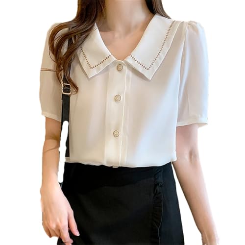 Camisa de gasa lisa de manga corta para mujer, cuello vuelto, informal, holgada, para oficina, blanco, M