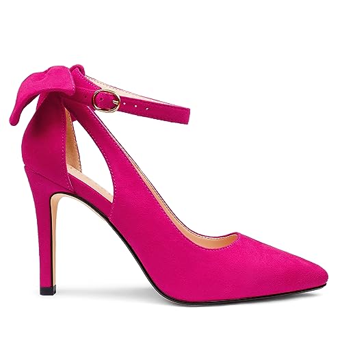 Image of COLETER Womens Back Bow D'Orsay Pumps Pointed Toe Ankle Strap Wedding Heels | 4 Inch Stiletto Heels, Adjustable Ankle Strap, Back Bow Pumps, Formal Evening Bridal Shoes