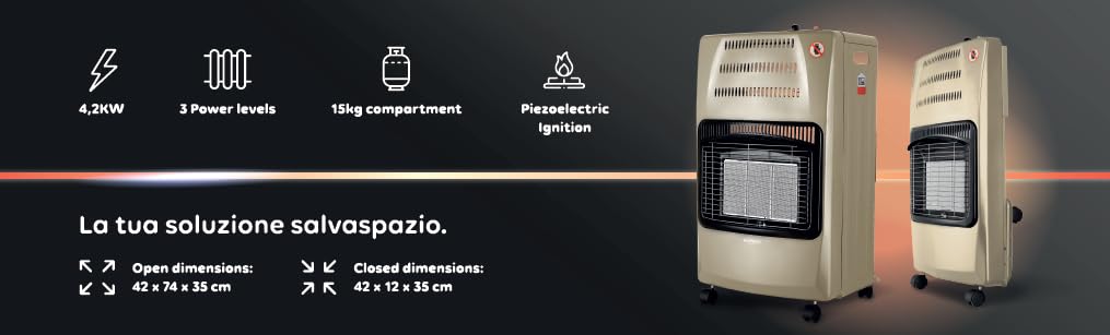 Wintem - Stufa a Gas Richiudibile 4200W con 3 Livelli di Riscaldamento, Accensione Piezoelettrica e Vano Porta-Bombola da 15Kg, Compatta e Facile da Riporre (Beige)