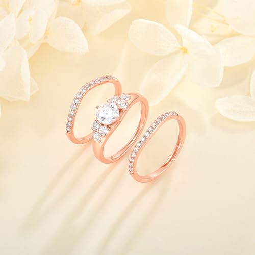 925 Sterling Silver Wedding Rings for Women Cubic Zirconia White/Rose Gold Plated Rings Three-in-One Engagement Promise Eternity Bands for Bridal Stackable Ring Size 5-102