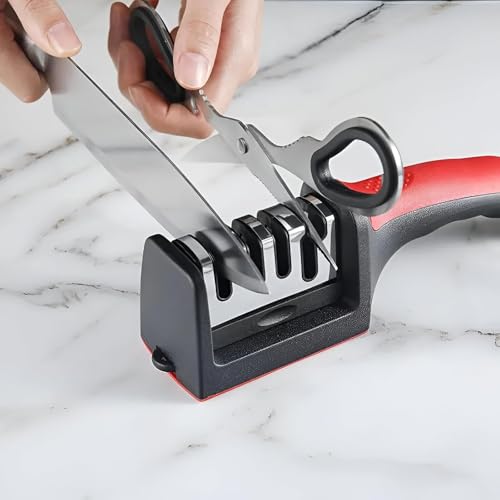 Image of Professional Kitchen Knife Sharpener with 3-Stage Sharpening System, Ergonomic Red Handle, Black (1, 4-Stage)