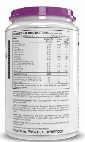Image of HealthyHey Nutrition Triple Strength Fish Oil - Omega 3 (2000 Mg) Burpless - 90 Softgels (600 EPA & 400 DHA)