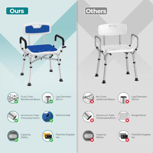 Image of Shower Chair for Inside Shower with Arms & Back, 550 lbs, 6 Heights | Dual Crossbar Frame, Non-Slip Feet, 22-Inch EVA-Cushioned Seat, Showerhead Holder, Rust-Resistant Aluminum, Tool-Free Setup
