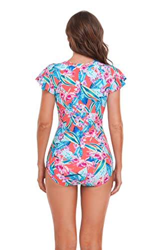 BIMEI One-Piece Mastectomy Swimsuit Zip Front Rash Guard Short Sleeve Pocketed for Women Sport Bathing Athletic Printed 22162