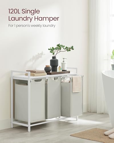 Image of VASAGLE Laundry Hamper, Laundry Basket, Laundry Sorter with 3 Pull-Out and Removable Bags, Shelf, Metal Frame, 3 x 10.6 Gallons (40 L), 36.4 x 13 x 28.4 Inches, Cream White and Cloud White UBLH301W01