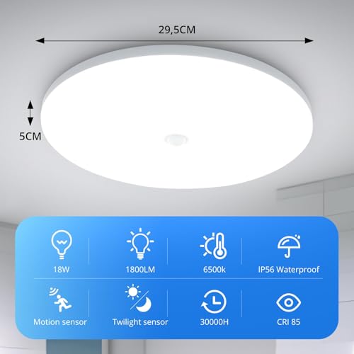 Image of Combuh LED Ceiling Light Motion Detector and Twilight Sensor, 18W 1800LM O30cm Round Ceiling Light, IP56 6500K Cool White Ceiling Lighting for Stairs Hallway Garage Balcony