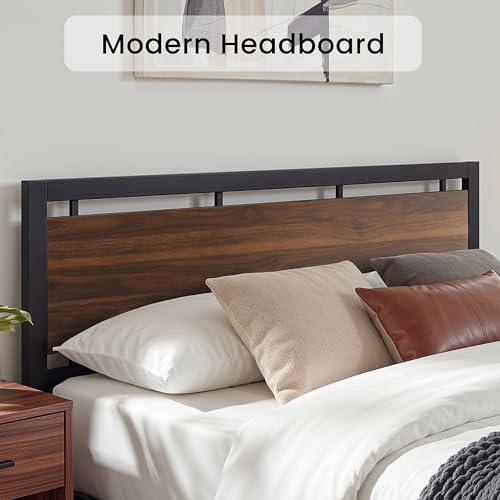 Image of LIKIMIO King Bed Frame with Headboard and Footboard, Metal Strong Supports, Easy Assembly, Noise-Free, No Box Spring Needed, Dark Walnut