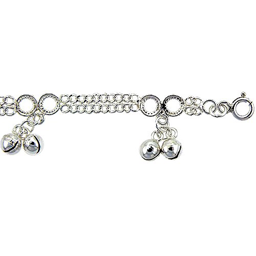 Sterling Silver Double Strand Curb Link Anklet with Bells, fits 9-10 inch Ankles
