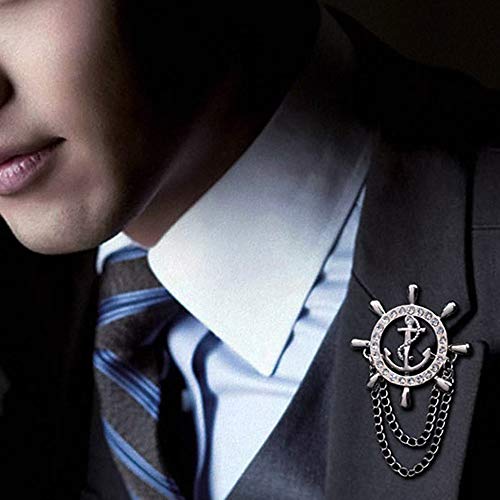 Huture 4PCS Vintage Lapel Pin Retro Brooch British Style Navy Roulette Tuxedo Shirts Scarf Unisex Accessories Birthday Anniversary Gift, Rhinestone Anchor/Wing Pair Cross Hanging Chain, Silver/Gold