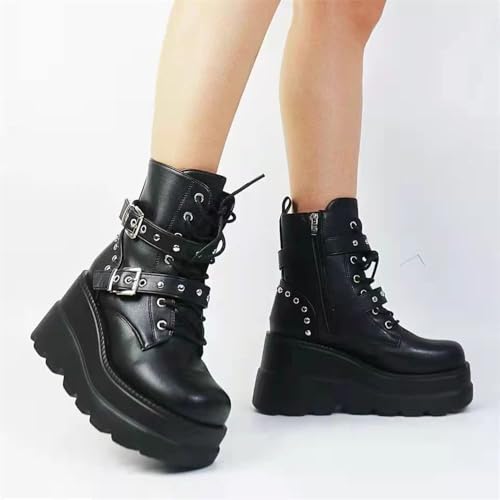 Image of Gothniero Platform Goth Ankle Boots for Womem Black Holographic Combat Chunky Heel Boots with Side Zip Lace Up Wedge Booties US5.5-11