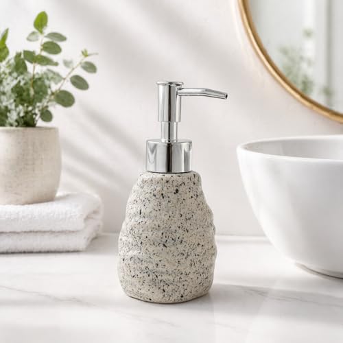 Image of Whizzo Premium Textured Ceramic Soap Dispenser for Bathroom & Kitchen | Refillable Lotion Dispenser with Chrome Pump | Modern Speckled Design | Durable, Stylish & Eco-Friendly (300ML, LD-214, White)
