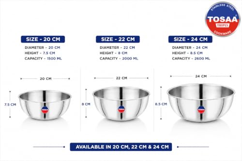 Image of TOSAA Triply Stainless Steel Tasla Set of 3-20 cm (1500 ml), 22 cm (2000 ml) & 24 cm (2600 ml) | Tri-Ply Induction Bottom | Compatible with Gas & Induction | Silver