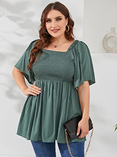 Soly Hux Women's Plus Size Polka Dots Print Square Neck Butterfly Short Sleeve Shirred Peplum Blouse Top Dark Green 3Xl #TOP2
