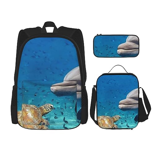 Sac à dos décontracté noir imprimé tortue avec boîte à déjeuner et trousse