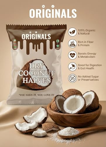 Image of ORIGINALS Premium Dry Coconut Halves (आधा नारियल) 900g Natural Sun-Dried Fresh Fibre-Rich & Aromatic Suitable for Desserts chutneys and Sweets