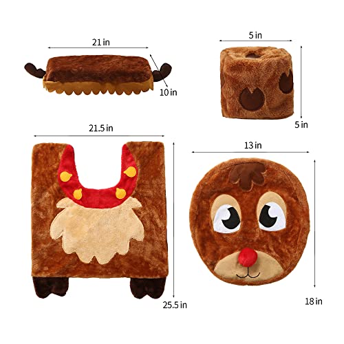 Christmas Reindeer Theme Toilet Seat Cover, Rugs, Tank Cover, Toilet Paper Box Cover For Xmas Indoor Décor, Party Favors,4 Pieces Xmas Bathroom Decoration Set #TOP1