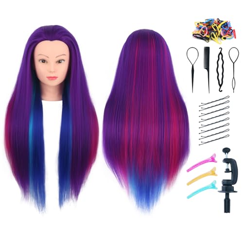 piaou Mannequin Head with Hair 29\'\' Doll Head for Hair Styling Cosmetology Mannequin Head for Braiding Practice Styling Hairdressing Training Heads with Clamp Holder (Purple Four Folors)