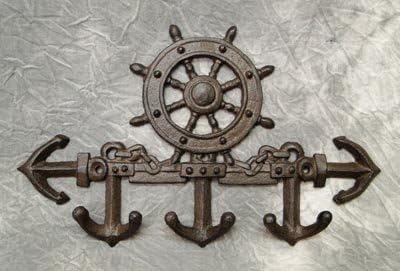 Ship Wheel and Anchor Key Rack 3 Hook Antique Finish Wall Decor