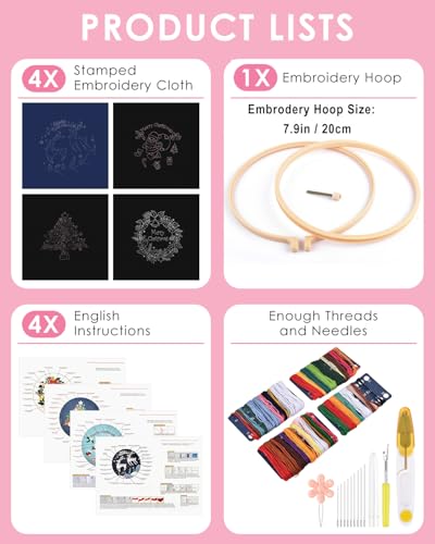 Image of TINDTOP Christmas Embroidery Kit for Adult, Embroidery DIY Starter Kit | 4 Pack with Stamped Patterns, Hoop, Tools, Colorful Threads with Needles, Instructions