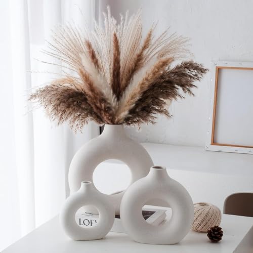 Image of White Donut Vase Hollow Ceramic Vase for Flowers Handmade Minimalist Style Modern Home Decor Round Shape Table Party Living Room Office Bedroom (8 Inch X-Large)