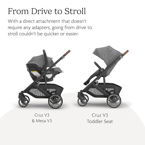 Image of UPPAbaby Cruz V3 Stroller + Mesa V3 Car Seat Travel System Combo - Toddler Seat, Bumper Bar, Bug and Rain Shields, Car Seat Base, and Infant Insert Included - Greyson (Charcoal Melange)