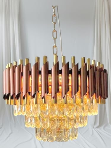 Image of Modern Ceiling Lamp 3-Tier Round Crystal Chandelier for Living Room | Modern Ceiling Light Jhumar for Hall for Home Decoration + 3 Color LED Light (Brown Gold, 400MM)